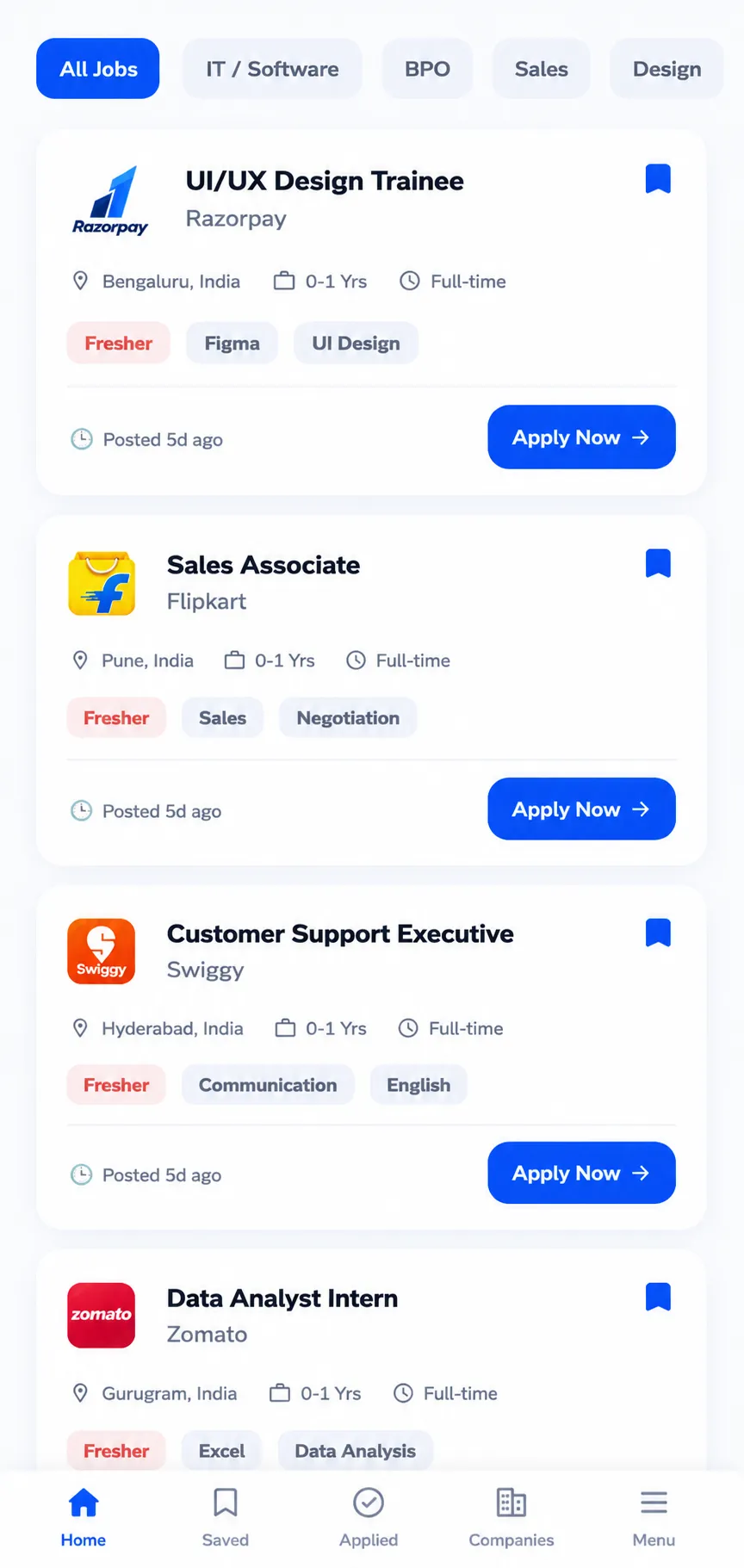 FreshersOnly job listings screen