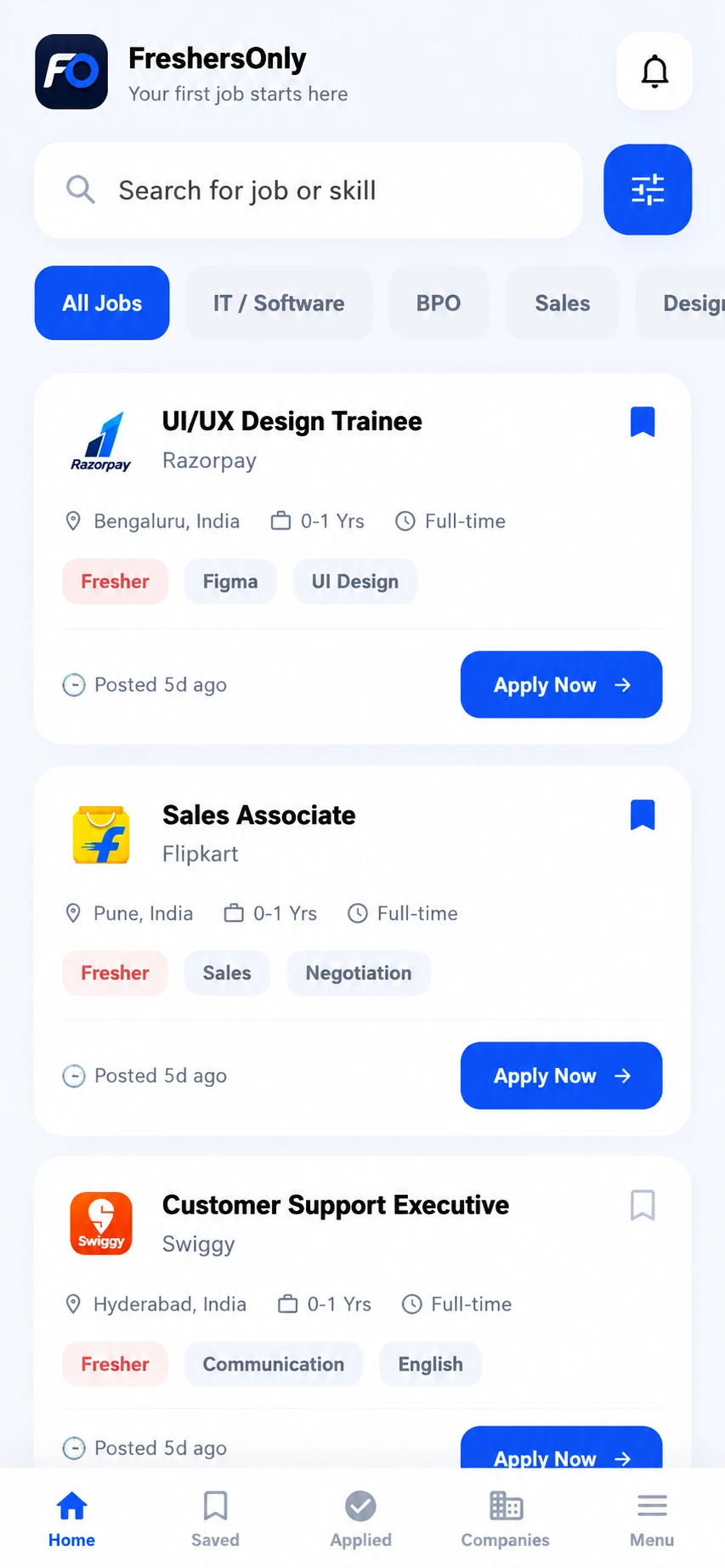 FreshersOnly app home screen showing fresher job listings